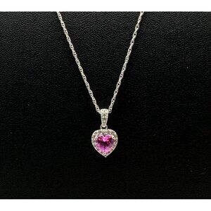 Sterling Silver Necklace Pink Heart Pendant CZ Accent Signed HN Heng Ngai 18.5"